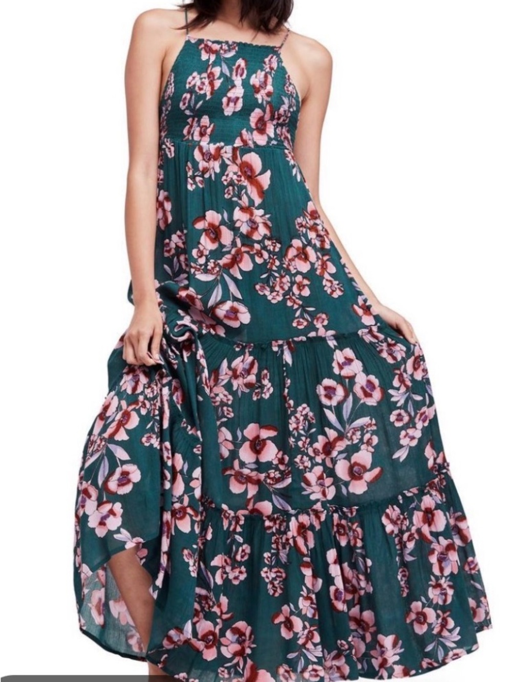 Free People Green Floral Maxi Dress with Pink Blooms